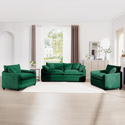 mikibama Luxury 3 Piece Sofa Set, Loveseat Couch & 2 Single Sofa Set, Modern Corduroy Comfy Cloud Couches Set for Living Room Office with 2 Armrest Pillows and 4 Toss Pillows, Green