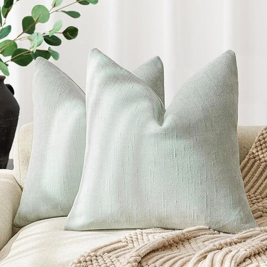Foindtower Set of 2 Soft Textured Chenille Throw Decorative Pillow Covers Square Accent Solid Cushion Cover Cozy Neutral Farmhouse Pillow Case for Couch Sofa Bedroom Living Room 16x16 Inch, Sage Green