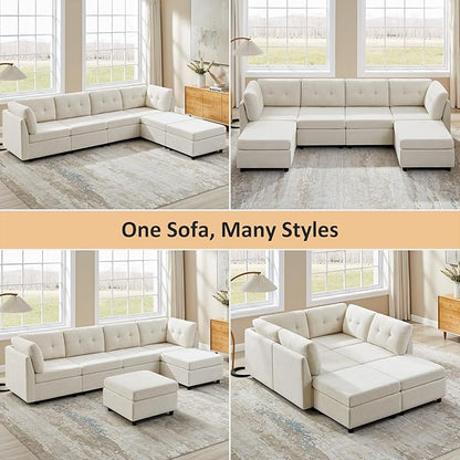VANOMi 4 Seat Modular Sectional Sofa with 2 Ottomans, 118" Cloud Sofas & Couches, Comfy Chenille Sectional Couches for Living Room, Apartment, Office, Beige, U Shaped