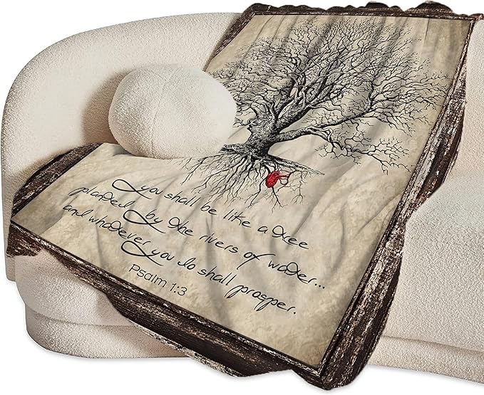 Christian Bible Tree of Life Throw Blanket - Religious Gifts and Decor for Women Men Adults - Soft Warm Cozy Fleece for Couch Sofa Bed 50"x40"