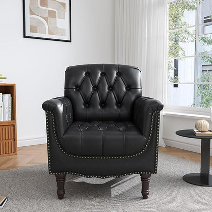 UIXE Faux Leather Accent Chair for Living Room, Tufted Arm Chair Retro Upholstered Club Armchair with Solid Wood Legs, Black Blue