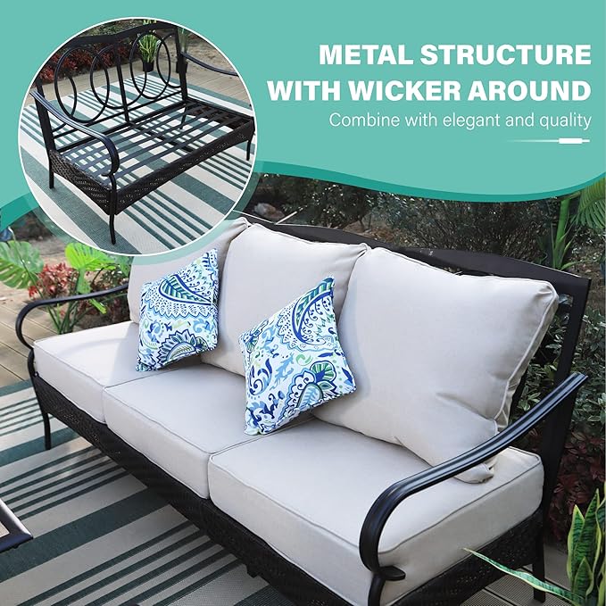 MFSTUDIO Outdoor Patio Furniture Set, 6 PCS Metal Patio Conversation Sets for 7, Patio Sectional Set with High Back 3-Seat Sofa, 2 Fixed Sofa Chairs, 2 Ottoman, 1 Coffee Table, 5.5" Thicken Cushions