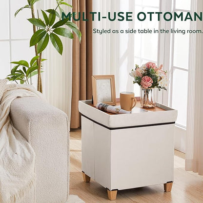 17.7" Ottoman with Storage, Square Storage Ottoman for Dorm, Velvet Ottomans with Legs for Living Room, Bedroom, White