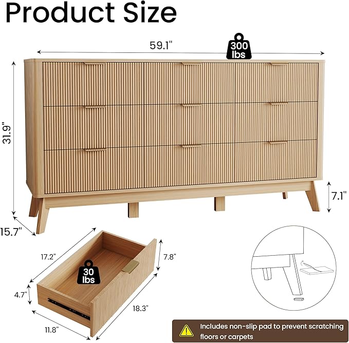 Fluted Dresser for Bedroom,59'' Modern Wooden Dresser with 9 Drawers, Bedroom Dressers, Natural Wood Chest of Drawers for Living Room, Hallway (Oak)