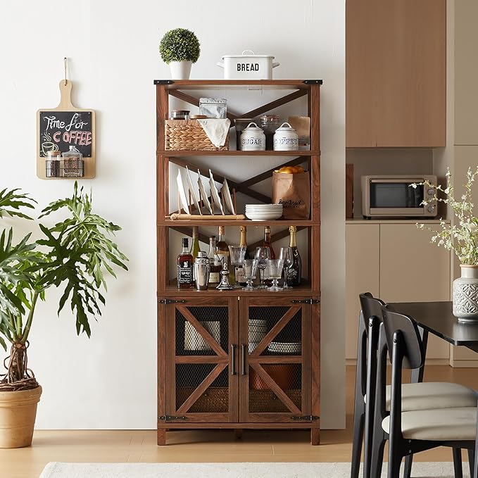5 Tier Bookshelf 70" Tall Bookcase with Barn Doors,Large Farmhouse Display Book Shelf with Adjustable Shelves and Storage Cabinet，Library Wood Bookshelves for Living Room,Kitchen,Brown