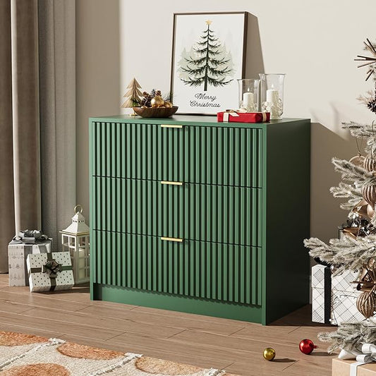 Green Fluted Dresser for Bedroom, 32 Inch Wide Nightstand with Large Drawer, 3 Drawer End Table for Bedroom, Living Rooms, Offices, and Entryways