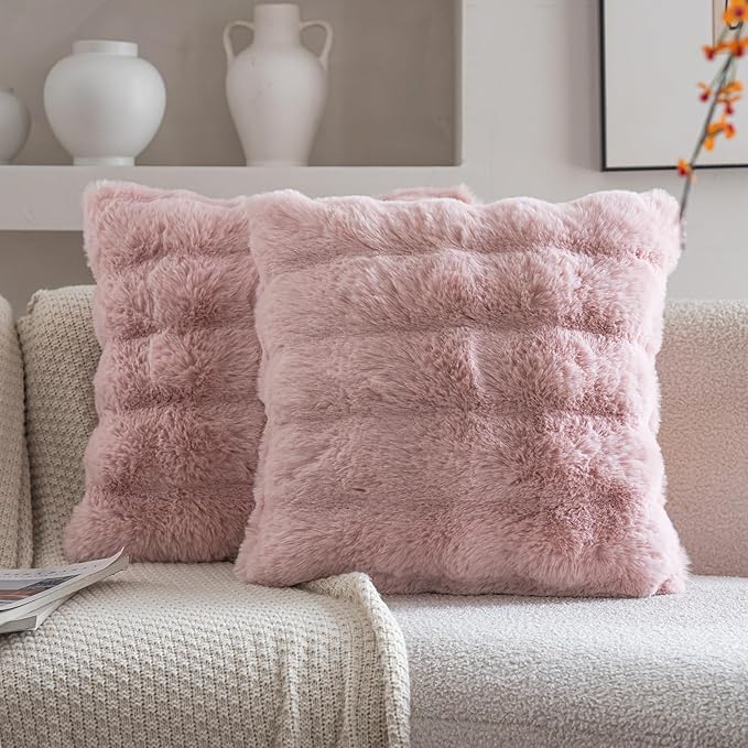 Neelvin Pink Faux Fur Cozy Soft Double-Sided Decorative Throw Pillow Covers 24x24 inch Set of 2,Velvet Pillowcase Cushion Case for Sofa Couch