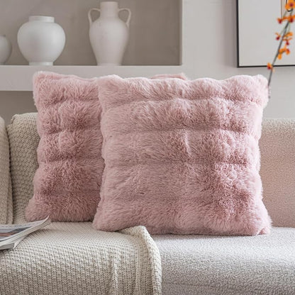 Neelvin Pink Faux Fur Cozy Soft Double-Sided Decorative Throw Pillow Covers 24x24 inch Set of 2,Velvet Pillowcase Cushion Case for Sofa Couch