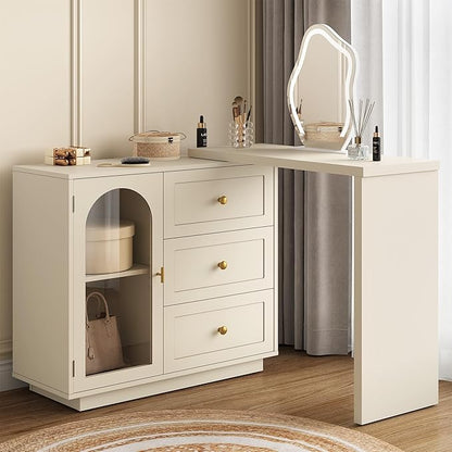RoyalCraft L Shaped Home Office Desk, Extendable and Rotatable Desk with 3 Drawers and Door, Corner Computer Desk, Modern Study Writing Table for Bedroom, Home Office, Beige