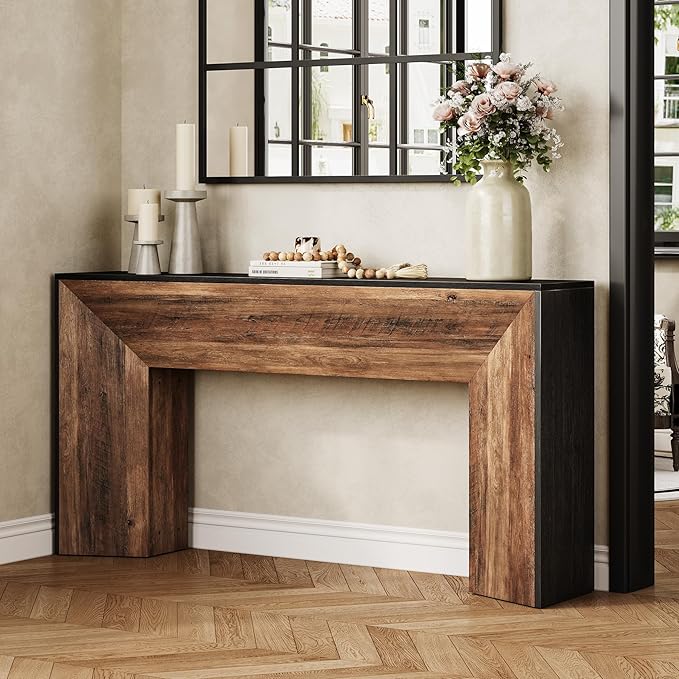 LITTLE TREE Console Table, 63 Inches Extra Long Sofa Table for Living Room, Modern Hallway Entryway Foyer Table for Entrance, Easy Assembly, Black & Rustic Brown