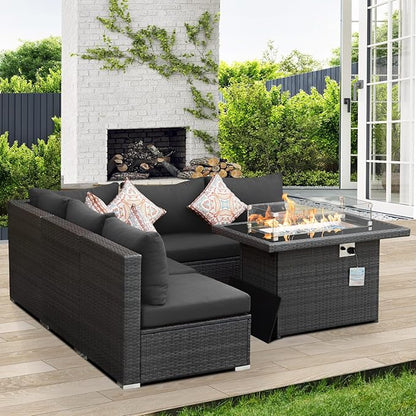 NICESOUL 6 Piece Outdoor Patio Furniture Set with Fireplace Table Natural Gas & Propane, 29.3'' High-Back L Shaped Sectional Sofa Set, Large Deep Seated Modern Conversation Couch for Tall People, Gray