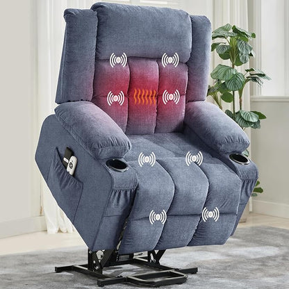 Large Power Lift Recliner Chair for Elderly Overstuffed Wide Electric Lift Chair with Heat and Massage for Big and Tall Adults Reclining Sofa Chair with 2 Cup Holders, Side Pocket, USB Port, Blue