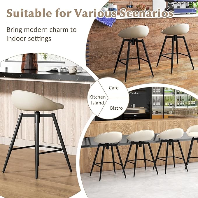 COSTWAY Bar Stools Set of 2, 25" Upholstered Counter Height 360° Swivel Bar Stools w/Backrest & Footrest, Heavy-Duty Metal Frame Armless Breakfast Chairs for Kitchen, Living Room (Set of 2,Beige)