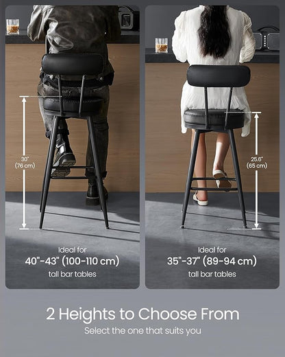 VASAGLE EKHO Collection - Bar Stools Set of 2, Swivel Counter Height Bar Stools with Back, Synthetic Leather with Stitching, Mid-Century Modern, 25.6-Inch Tall Barstools for Kitchen Bar, Ink Black