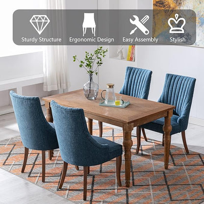mikibama Linen Dining Chairs Set of 6 Channel Tufted Kitchen Dinner Chair Comfy Fabric Upholstered Accent Chair for Dining Room with Solid Wood Legs (Blue 6pc)