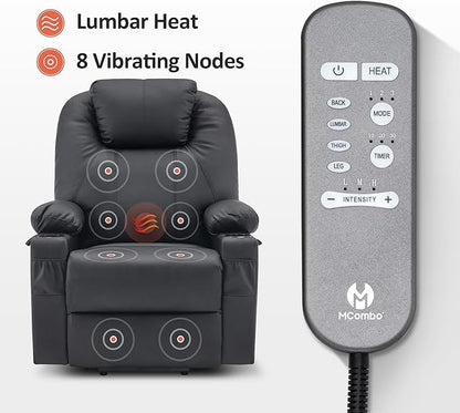 MCombo Large Power Lift Recliner Chair with Massage and Heat for Tall Elderly People, 3 Positions, Cup Holders, and USB Ports, Faux Leather 7516 (Large, Black)