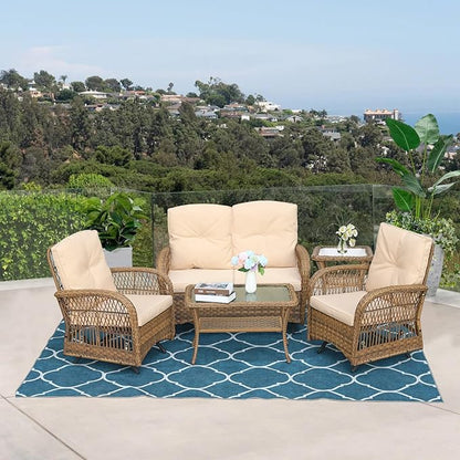 VIVIJASON 5-Piece Outdoor Patio Wicker Conversation Sets, All Weather Outdoor Rattan Furniture Set Includes Glider Loveseat, 2 Coffee Table, 2 Glider Rocker Chairs with Cushions, Light Brown