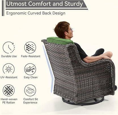 5 Piece Outdoor Patio Furniture Set Wicker Conversation Set Swivel Rocking Chairs with Side Table and Ottomans for Backyard, Porch, Deck, Green
