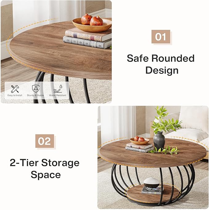 Tribesigns Round Coffee Table for Living Room, 39.4" Industrial Wooden 2-Tier Circle Accent Center Cocktail Table with Storage Shelf and Metal Frame, Rustic Brown & Black