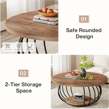 Tribesigns Round Coffee Table for Living Room, 39.4" Industrial Wooden 2-Tier Circle Accent Center Cocktail Table with Storage Shelf and Metal Frame, Rustic Brown & Black