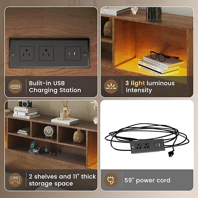 Apicizon King Size Headboard Only, King Bookcase Headboard with Charging Station for Bedroom, Storage Bookcase with USB & 2 Power Outlets, Brown