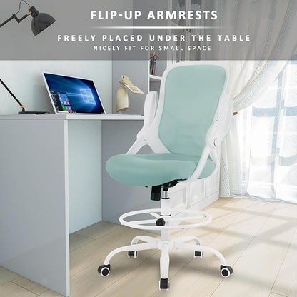 HYLONE Drafting Chair Tiffany Blue, Tall Office Chair Standing Desk Stool with Adjustable Height, Foot Ring, Flip-Up Arms, Mesh High-Back Office Chair, White