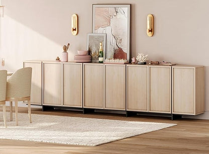 WAMPAT Modern Sideboard Buffet Cabinet with 8 Doors, Multifunctional Sideboard with Large Storage and T-Shaped Legs, Coffee Bar Cabinet Storage Cabinet for Kitchen, Living Room, Light Oak