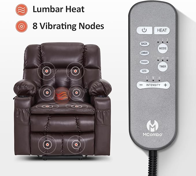 MCombo Dual Motor Small Power Lift Recliner Chair for Elderly, Lay Flat Lift Chair with Heat and Massage, Petite Lift Chair, Cup Holders, Faux Leather 7893 (Dark Brown, Small)