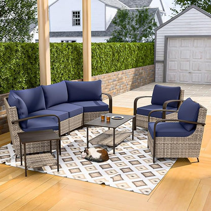 COOS BAY Aurora Terrace Half-Moon Outdoor Furniture Set, Rattan Conversation Set with Patio Chairs, Curved 4-Seat Sofa, Coffee Table & Side Table, Seats 6, Beige/Blue
