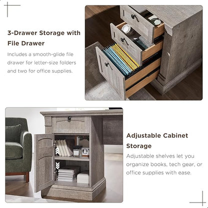 OKD 60" L Shaped Executive Desk with Drawers, Farmhouse Home Office Desk with Charging Station, File Cabinet Storage, Wood Corner Computer Desk for Work and Study, Light Rustic Oak