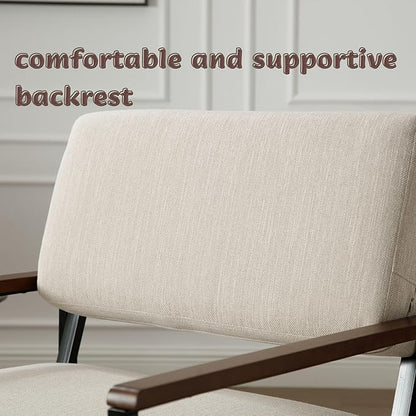 Set of 2 Mid Century Modern Accent Chair Arm Chairs, Comfy Armchair Linen Upholstered with Black Metal, Beige