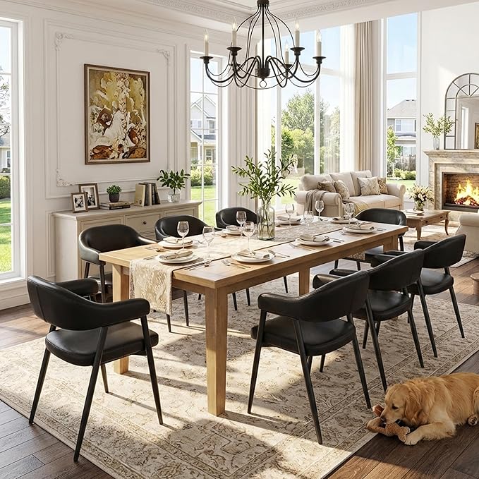 HNY Modern Dining Room Arm Chairs Set of 4, Retro Faux Leather Upholstered Barrel Dining Chairs with Arms Mid-Century Black Accent Chair with Metal Legs, Open-Back Kitchen Side Chair for Living Room