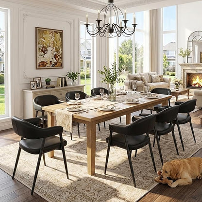 HNY Modern Dining Room Arm Chairs Set of 4, Retro Faux Leather Upholstered Barrel Dining Chairs with Arms Mid-Century Black Accent Chair with Metal Legs, Open-Back Kitchen Side Chair for Living Room