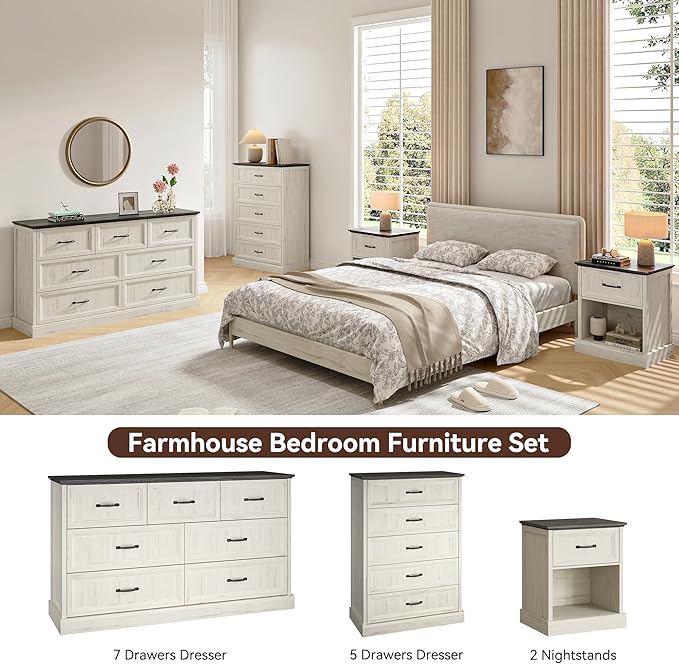 Farmhouse Dresser and Nightstand Sets, 4Pcs Bedroom Furniture Set, Nightstand Set of 2 & 55" Wide 7 Drawer and 44" Tall 5 Drawer Dresser with Large Drawers & Bar Handles, White