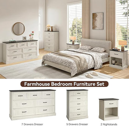 Farmhouse Dresser and Nightstand Sets, 4Pcs Bedroom Furniture Set, Nightstand Set of 2 & 55" Wide 7 Drawer and 44" Tall 5 Drawer Dresser with Large Drawers & Bar Handles, White