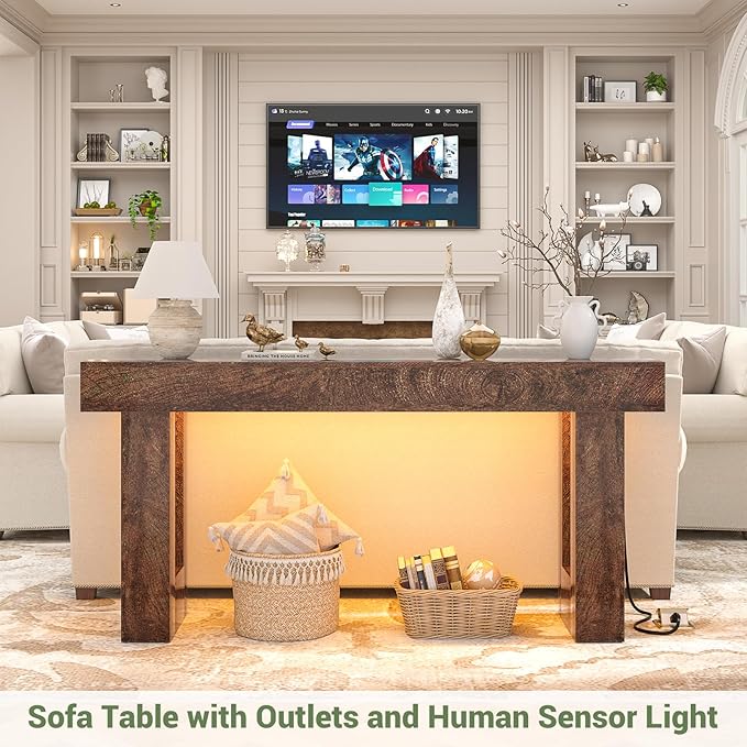 Unikito 63'' Farmhouse Console Table with Power Outlets and Sensor Light, Wooden Entryway Table with Storage, Rectangular Sofa Tables Behind The Couch for Entrance, Hallway, Living Room, Rustic Oak