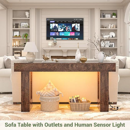 Unikito 63'' Farmhouse Console Table with Power Outlets and Sensor Light, Wooden Entryway Table with Storage, Rectangular Sofa Tables Behind The Couch for Entrance, Hallway, Living Room, Rustic Oak