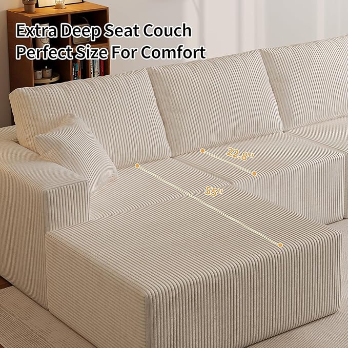 110" Boneless Cloud Sectional Couch for Living Room, Compressed Modular L-Shaped Sofa with Deep Seat, Frameless Corduroy Couch in Boxes, No Assembly Required 3-Seater (Right-Facing Chaise, Beige)