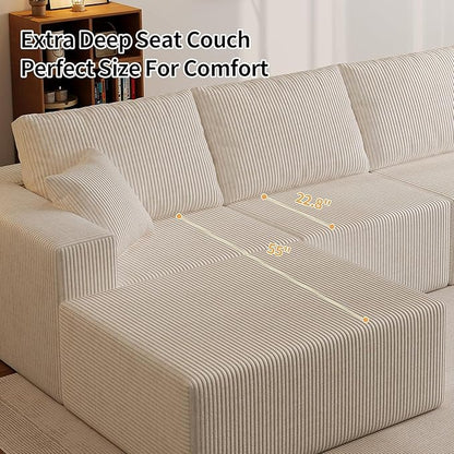 110" Boneless Cloud Sectional Couch for Living Room, Compressed Modular L-Shaped Sofa with Deep Seat, Frameless Corduroy Couch in Boxes, No Assembly Required 3-Seater (Right-Facing Chaise, Beige)