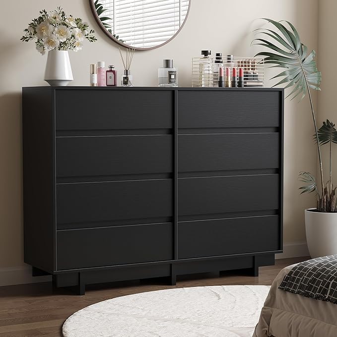 Black Dresser for Bedroom, 53.1" Wide 8 Drawer Dresser, Mid Century Modern Dressers Chest of Drawers, Wooden Large Dressers for Bedroom, Closet