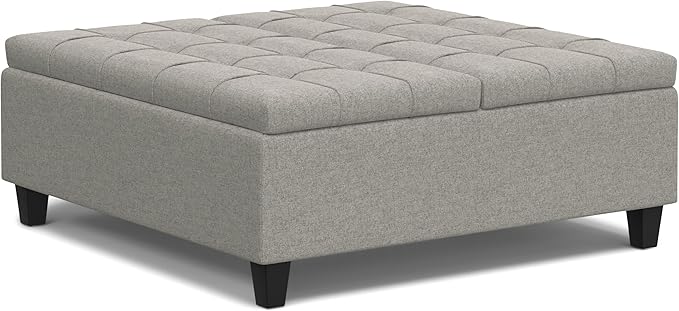 SIMPLIHOME Harrison 40 inch Wide Transitional Square Large Coffee Table Storage Ottoman in Cloud Grey , Assembled, For the Living Room and Bedroom