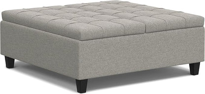 SIMPLIHOME Harrison 40 inch Wide Transitional Square Large Coffee Table Storage Ottoman in Cloud Grey , Assembled, For the Living Room and Bedroom