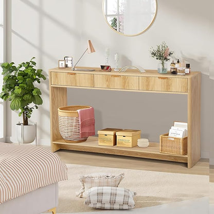 Entryway Table with Storage, Narrow Console Table with 3 Drawers, 55.12' Couch Table Behind Sofa Long for Living Room TV, Hallway Entrance Foyer, Mid Century Modern Boho Fluted Console Table