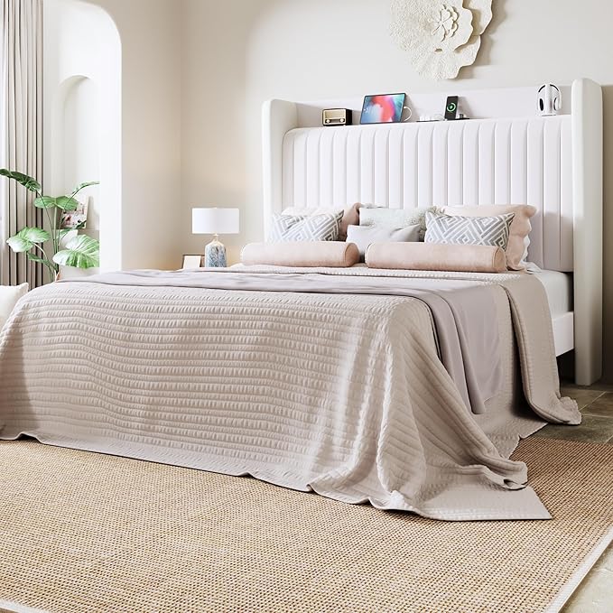 Allewie Full Size Platform Bed Frame with USB Charging Station and Storage Shelf/Upholstered Velvet Wingback Headboard/Wooden Slats Support/No Box Spring Needed/Easy Assembly, White