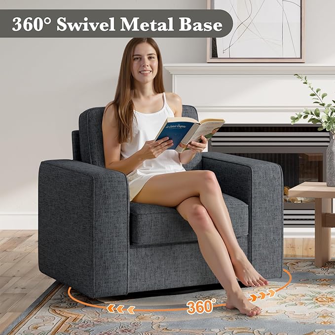 360 Degree Rotation Swivel Accent Sofa Chairs, 36'' Width Oversized Armchairs 1 pcs Linen Living Room-Dark Gray
