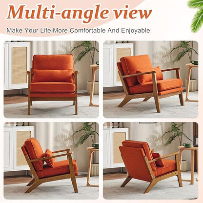 VINGLI Solid Wood Wide Armrests Accent Chair,Upholstered Mid Century Modern Chair with Pillow,Comfy Reading Chair Farmhouse Arm Chair,Chairs Living Room,Bedroom,Guest Room,Linen Fabric,Burnt Orange