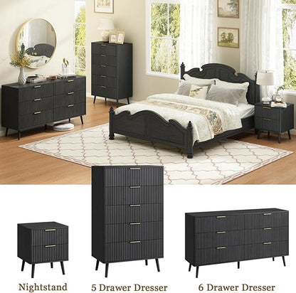 CARPETNAL Fluted 6 Drawer Dresser for Bedroom, 55" Wide Wooden Chest of Drawers with Rounded Corners, Gold Handles, Modern Storage Organizer for Bedroom, Hallway(Black)