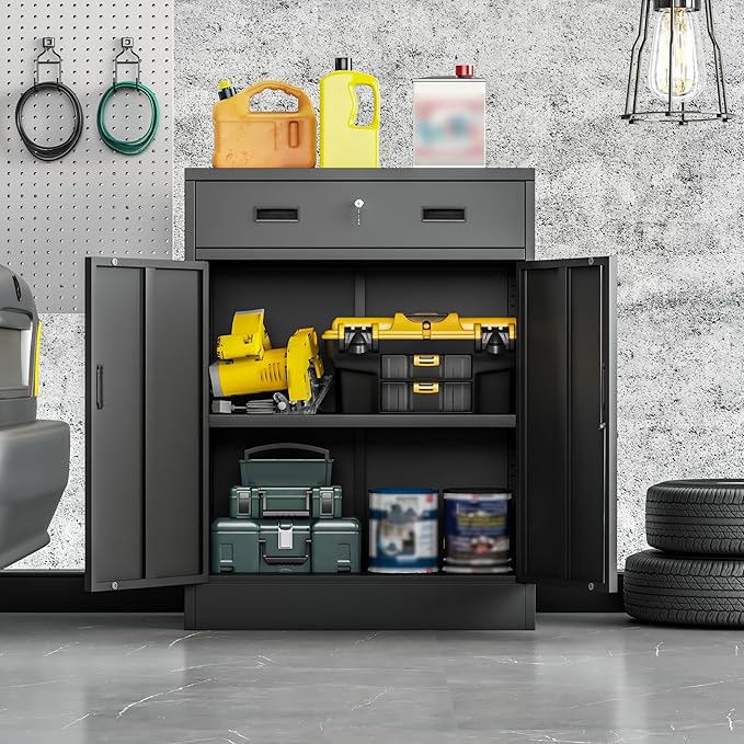 Metal Storage Cabinet, 36 Inch Tall Metal Storage Cabinet with Doors and Shelves, Pantry Cabinets with Drawer for Kitchen Storage, Garage Cabinet for Living, Dining Room, Assemble Required.