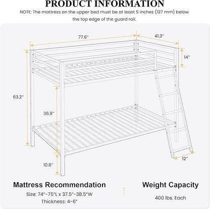 SHA CERLIN Loft Bunk Bed Twin Over Twin Size with Ladder and Guardrail,Heavy Duty Metal Slats Support No Box Spring Needed Small Space Saving Furniture for Bedroom Dorm,Black