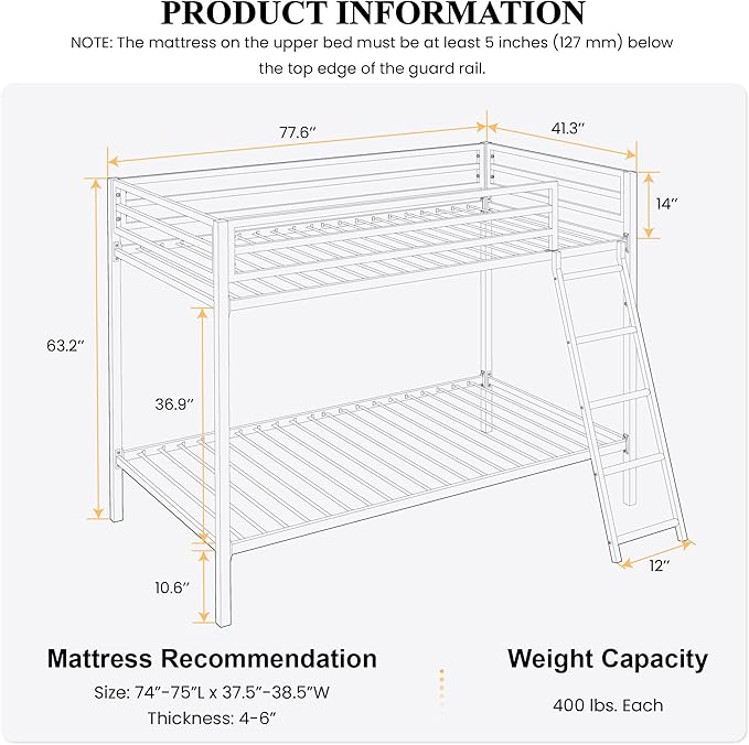 SHA CERLIN Loft Bunk Bed Twin Over Twin Size with Ladder and Guardrail,Heavy Duty Metal Slats Support No Box Spring Needed Small Space Saving Furniture for Bedroom Dorm,White